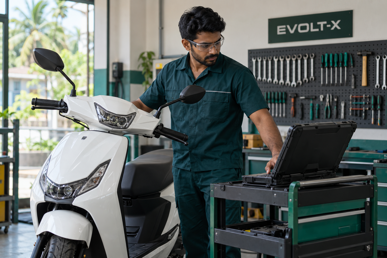 AI-generated illustration of an EV technician using diagnostic equipment beside a scooter