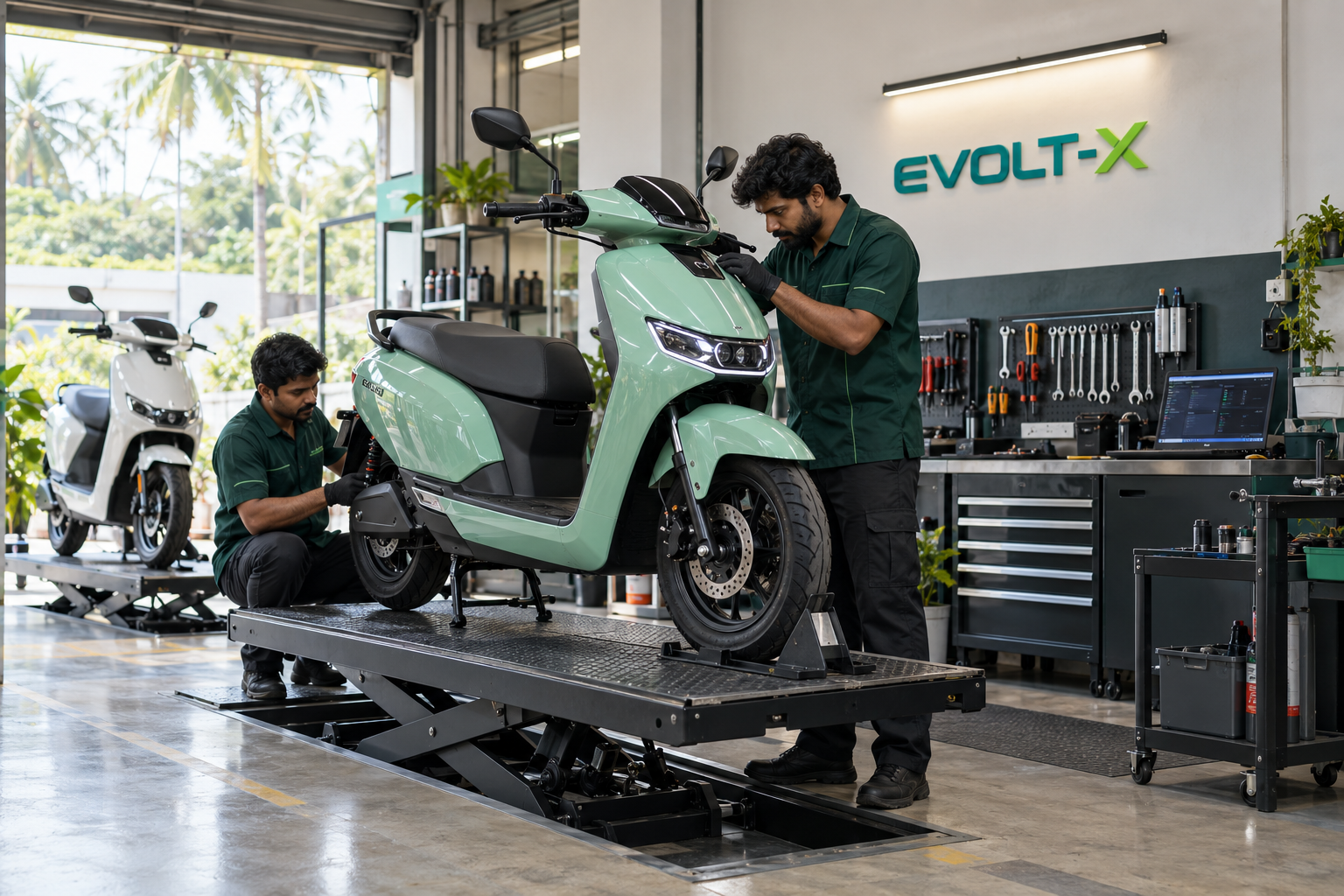 AI-generated illustration of EVOLTX technicians inspecting an electric scooter in a workshop